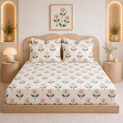 Image of THEA King Elastic Fitted Double Bedsheet Set| 100% Cotton Like Soft Fabric | Microfiber King Elastic Double Bedsheet for King Size Bed (72 X 78 x 10 inches) with 2 Pillow covers,Rosette Meadow