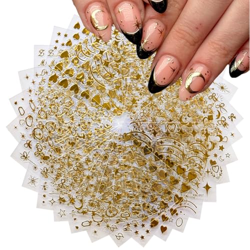 30Sheets Gold Nail Art Stickers Star Line 3D Self Adhesive Nail Stickers for Nail Art Moon Stars Nail Decals Heart Nail for Women and Girls Manicure DIY Decoration