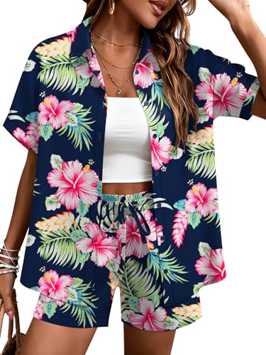 LOMON 2 Piece Hawaiian Vacation Outfits for Women Tropical Print Short Sleeve Shirts and Shorts Beach Sets