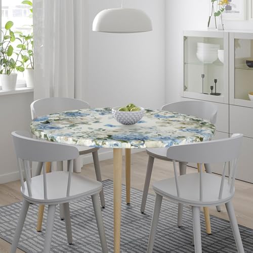 KiuLoam Spring Floral Round Fitted Tablecloth with Elastic Edge Blue and White Hydrangea Rose Print Table Cloth Washable Reusable Table Cover for Kitchen Dining Patry Decor Fits 40-44" by KiuLoam - Used condition - Image 8
