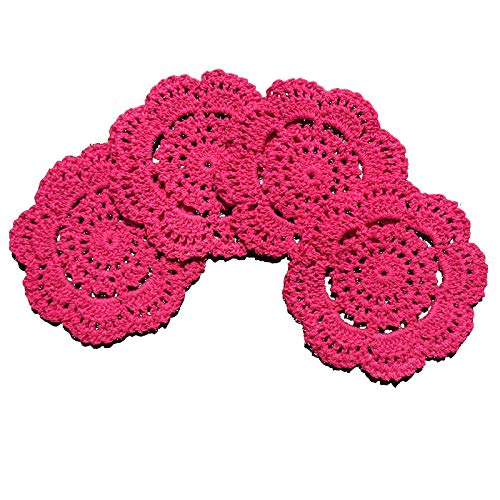 Gracebuy 4 Inch Set of 4 PCS Fashion Color Round Handmade Crochet Lace Placemats Coasters Doilies (Rosy)