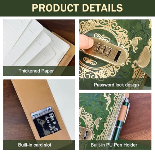 Image of Climberty Personal Diary with Password Lock, A5 Retro Green Embossed Journal, 100-Sheet Lined Paper, Secure Private Daily Planner & Memory Book Gift for Sister, Friends, Students (Green)