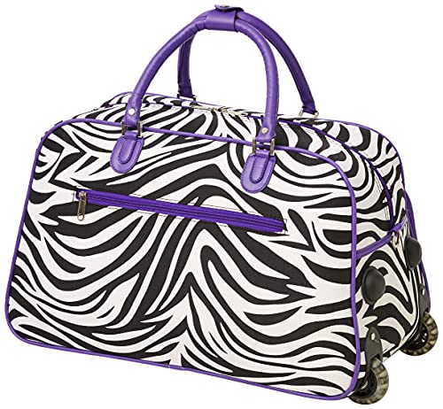 World Traveler 21-Inch Carry-On Rolling Duffel Bag, Dark Purple Trim Zebra2
