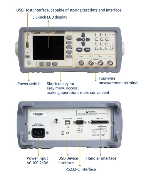 Front view of the LILLIPUT OWON LCR2020 LCR Meter with labeled components.
