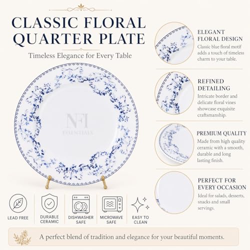 Image of NFI essentials 8 inch Ceramic Quarter Plate with Elegant Blue Floral Design, Premium Serving Plate for Snacks, Desserts, Breakfast & Appetizers, Microwave & Dishwasher Safe