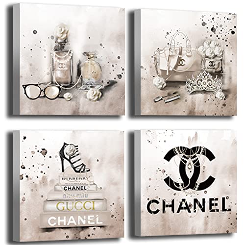 Image of Meetdeceny Beige Canvas Prints Artwork Fashion Bedroom Wall Decor Girls Handbag Wall Art for Living Room Perfume Wall Decorations Painting Art 10 inchx 10 inchx 4 Pieces