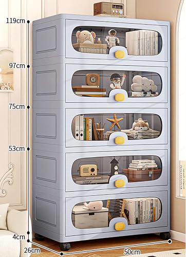 Image of House of Quirk 4-Layer Stackable Collapsible Storage Box Cabinet with Wheels & Flip Doors - 50cm Plastic Storage Box for Home, Kitchen, Closet & Toy Organization (Grey)