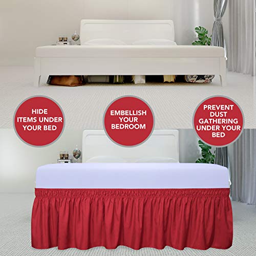 PureFit Wrap Around Ruffled Bed Skirt with Adjustable Elastic Belt - 22 Inch Drop Easy to Put On, Wrinkle Free Bedskirt Dust Ruffles, Bed Frame Cover for Twin,Twin XL and Full Size Beds, Red