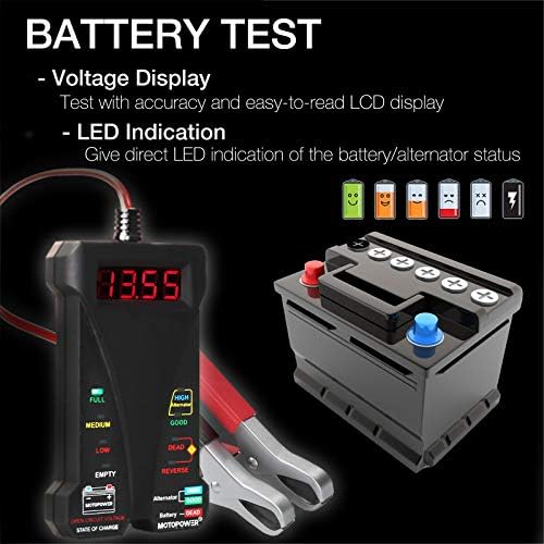 MOTOPOWER MP0514A 12V Digital Car Battery Tester Voltmeter and Charging System Analyzer with LCD Display and LED Indication - Black Rubber Paint - 2