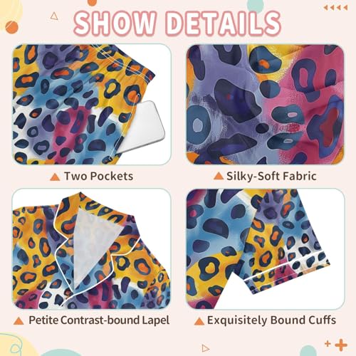 senya Rainbow Leopard 3 Satin Summer Pajama Sets Silk Short Sleeve Button Down Sleepwear3