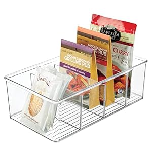 mDesign Storage Box, Stackable Box with 4 Compartments for Food Storage, Modern Kitchen Organiser For Packets of Soup, Spices, etc., Transparent