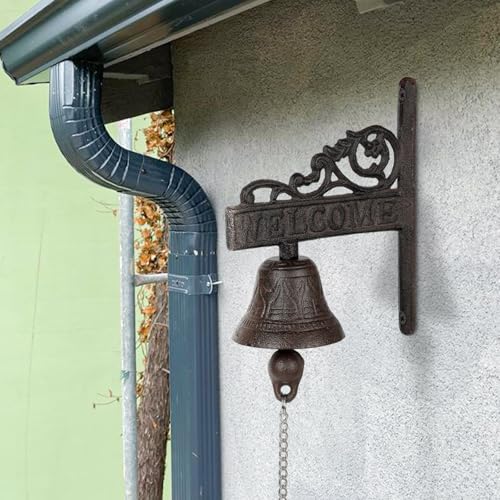 Campana de puerta de hierro fundido, campana de jardín con cordón, diseño antiguo, campana de pared para puerta de casa, decoración de jardín, campana para decoración de exteriores (1, B)