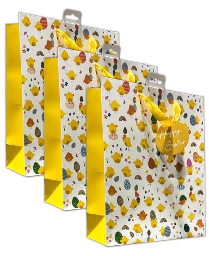 Pack Of 3 Chicks Bunnies Gift Bag Easter Medium/Large - Wrapping Ribbon Gift Tag Present Eggs (Chicks Medium)