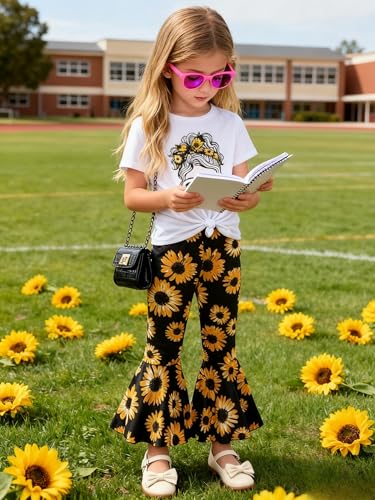 Image of Ayzozuy Kids Toddler Girl Clothes Letter Print Graphic Top + Leopard Print Flare Leg Pants 2PC Summer Clothing Set