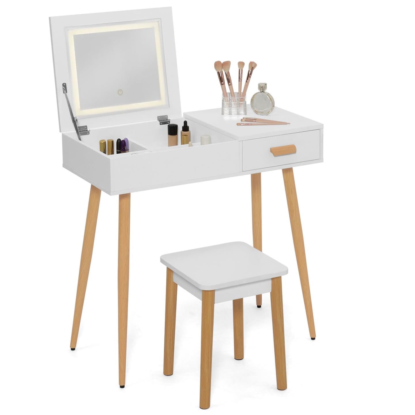 IDMarket - Coiffeuse scandinave Lisa Blanche Miroir Rabattable LED et Tabouret