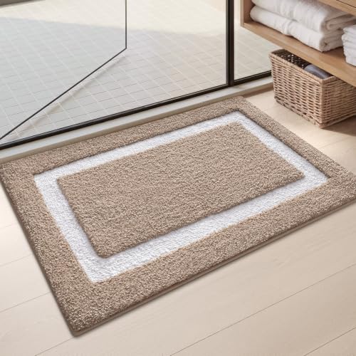 Image of Color&Geometry Mini Bathroom Rugs 16x24, Extra Soft Absorbent Microfiber Bath Rug, Non-Slip Bathroom mat, Washable Plush Bath Mats for Bathroom, Shower, Bathtub, Laundry, Khaki White
