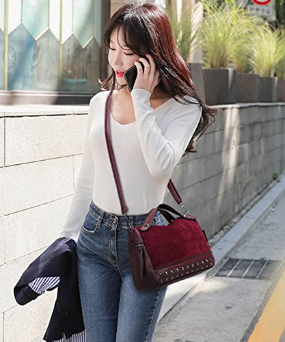 Women's Retro Suede PU Leather Handbag - Shoulder Shopper Work Boston Bag With Rivets - Ladies Crossbody2