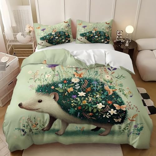 Housse de couette 260x240 hérisson vert parure de lit fermeture éclair 2 taies 65x65