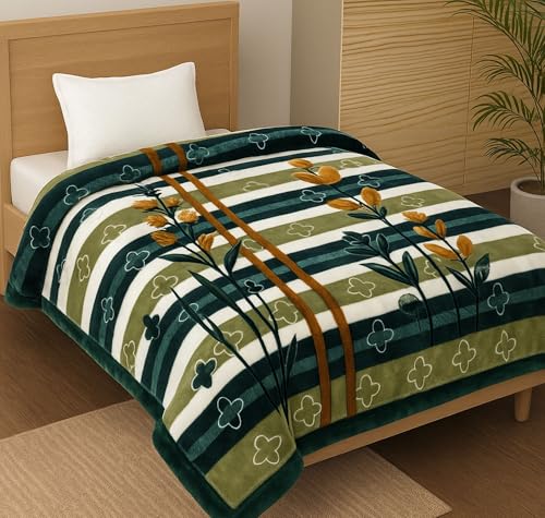 BSB HOME Supersoft Printed Mink Blanket for Heavy Winter – 600 GSM Ultra Soft Luxurious Embossed Double Bed Blanket, Warm & Fluffy Cozy for Extreme Cold Weather (Green Beige, 150 x 230 Cm, 2500 grams)