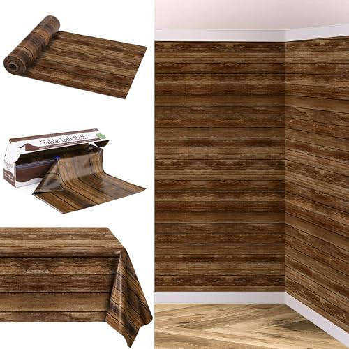 Image of Kochorie 100 Ft x 54 Inch Wood Grain Tablecloth Roll in Slide Cutter Box Disposable Rustic Backdrop Vintage Table Cover Western Themed Bulletin Board Plastic Roll for Barn Birthday Classroom Decor