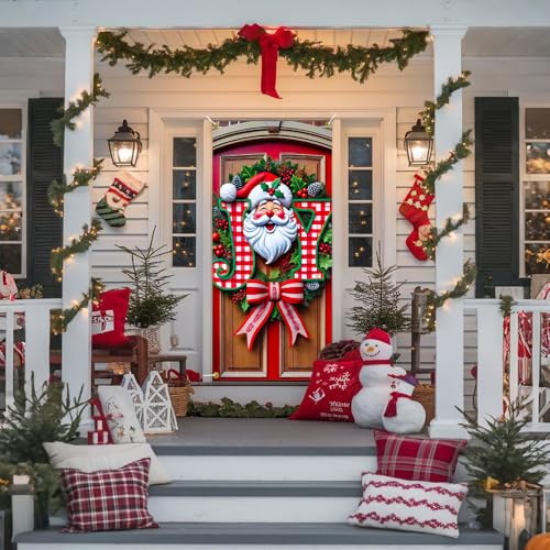 Image of JOY Sign Santa Face Red Gingham Christmas Door Cover 35x71in