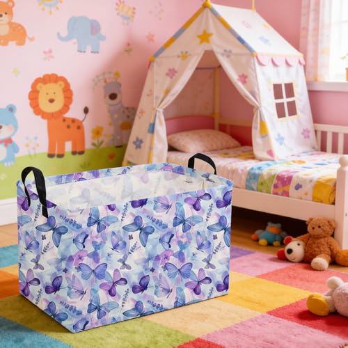 Image of Rectangular Purple Butterfly Baskets,Foldable Waterproof Outdoor Purple Gift Basket with Handle,Baby Storage Basket,Girls Baskets,Butterfly Room Decor(Cute Butterfly)