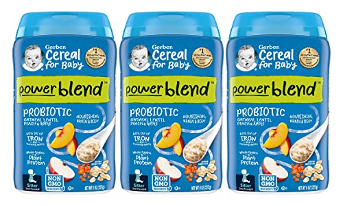 Gerber Cereal for Baby 2nd Foods Power Blend Cereal, Probiotic Oatmeal Lentil Peach & Apple Cereal, Non GMO with Whole Grains & Plant Protein, 8 OZ (Pack of 3)