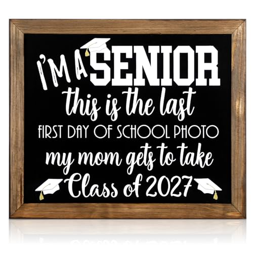 Tenceur First Day of School Sign Class of 2027 Senior 12th Grade Wooden Chalkboard Photo Prop Reusable Picture Frame Last First Day Decorations 10.5x14 Inch