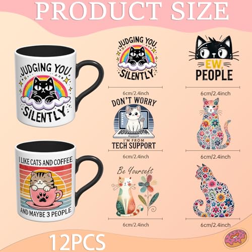 Elewins 12 PCS Funny cat Quotes UV DTF Transfer Decals for Coffee Mugs Water Bottles, Peel-and-Stick Film for Smooth Glass Metal Ceramic Notebook Surfaces Only