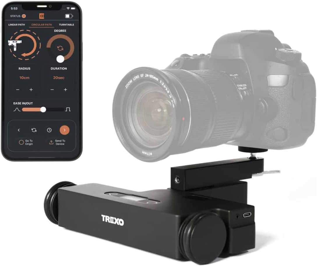 Trexo Wheels Cámara de mesa con plataforma rodante para procesamiento de imágenes, control deslizante para teléfonos inteligentes y cámaras DSLR, compatible con aplicaciones Android e iOS, motores paso a paso programables y ultra silenciosos