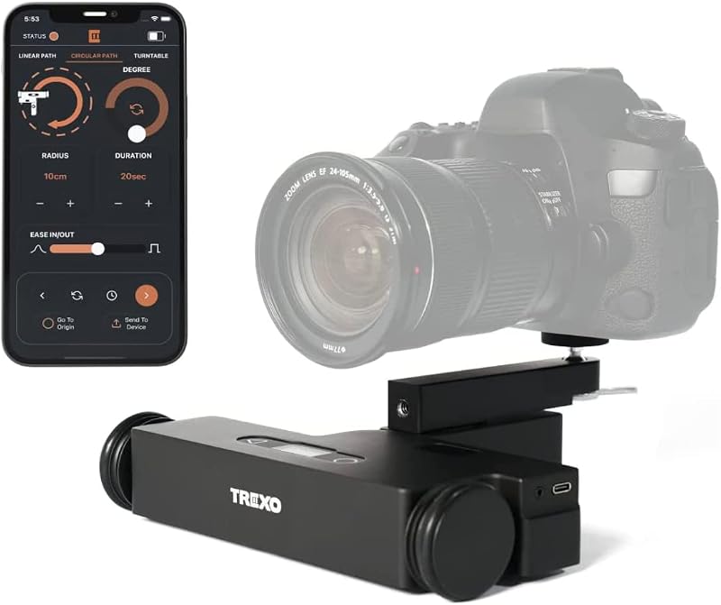 Trexo Wheels Cámara de mesa con plataforma rodante para procesamiento de imágenes, control deslizante para teléfonos inteligentes y cámaras DSLR, compatible con aplicaciones Android e iOS, motores paso a paso programables y ultra silenciosos