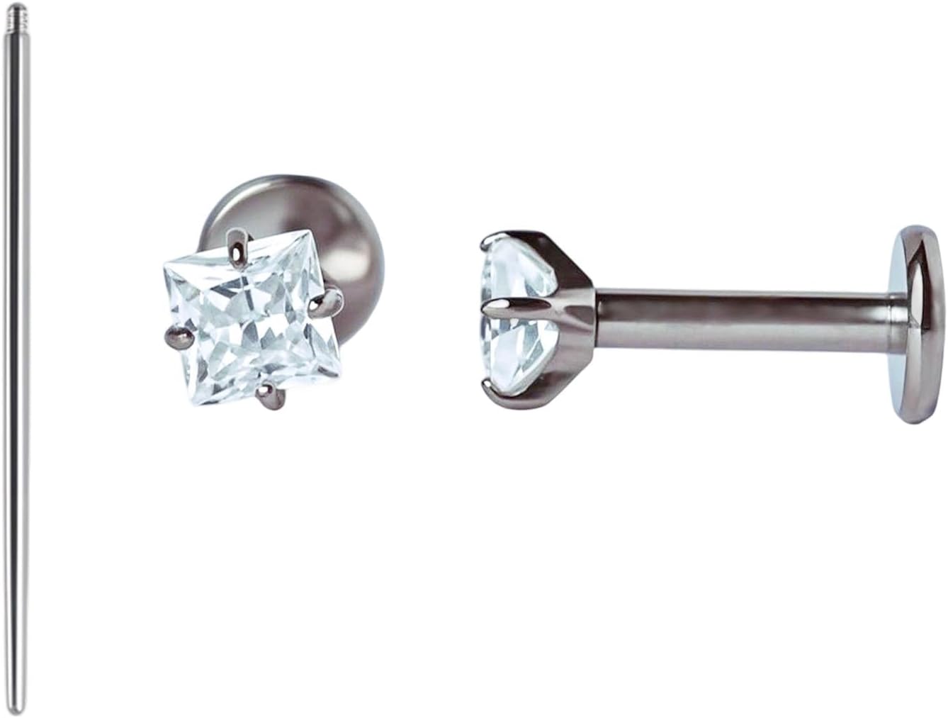 Cartilage Earrings for Wome Square CZ Design Titanium Flat Back Stud Earrings,Silver Plated,16 Gauge 6mm/8mm