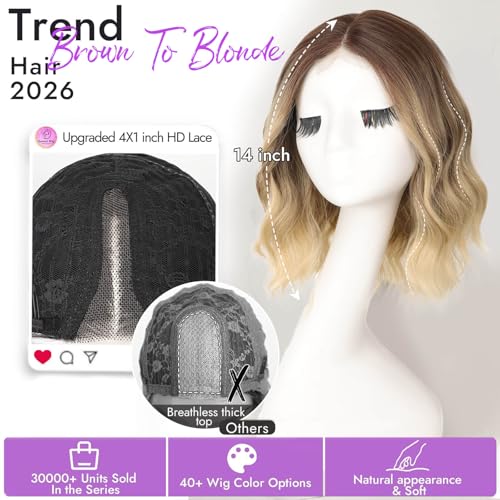 Image of Eawwii Brown to Blonde Short Wavy Wig for Women Lace Hairline Bob Style Synthetic Heat Resistant - Natural Appearance for Everyday Hairstyle 14 Inch