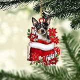 Talataca Rat Terrier in Red Santa Gift Bag Gifts 2D Flat Car Rear View Mirror Accessories Christmas Tree Ornament Decoration Hanging Charm Interior Rearview Pendant Decor Gift