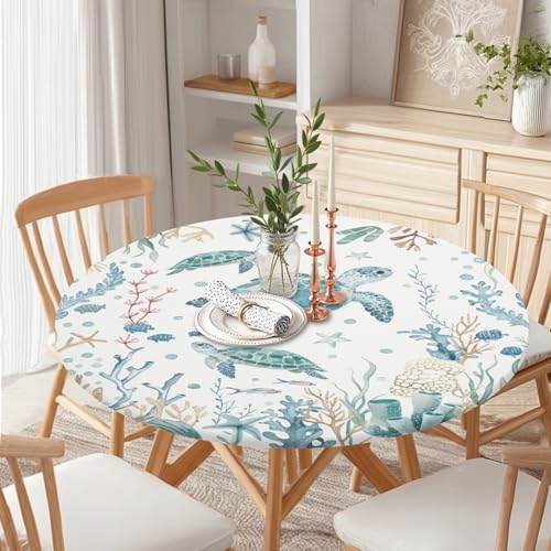 Sea Turtle Round Fitted Tablecloth with Elastic Edge Summer Nautical Coastal Blue Tortoise Circle Table Cloth for 40-44" Tables Ocean Sea Beach Wipeable Washable Table Cover for Outdoor Patio Dining by Guyperatic - Used condition - Image 7