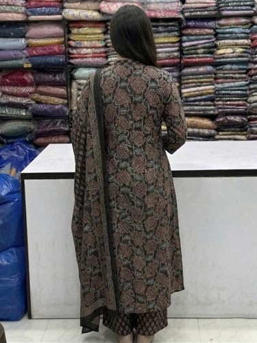 Image of GoSriKi Kurta Sets for Women Viscose Blend Printed | Kurti Set for Woman | Kurta Palazzo Dupatta Set | A Line Kurti | Mandarin Collar 3 /4 Sleeve Suit Set for Women Stylish Ethnic Outfit