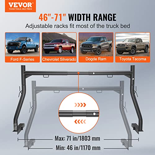 VEVOR Extendable Steel Truck Ladder Rack - 800 lbs Capacity, 46-71 inch, Non-Drilling for Kayak, Surfboard, Lumber, Ladder
