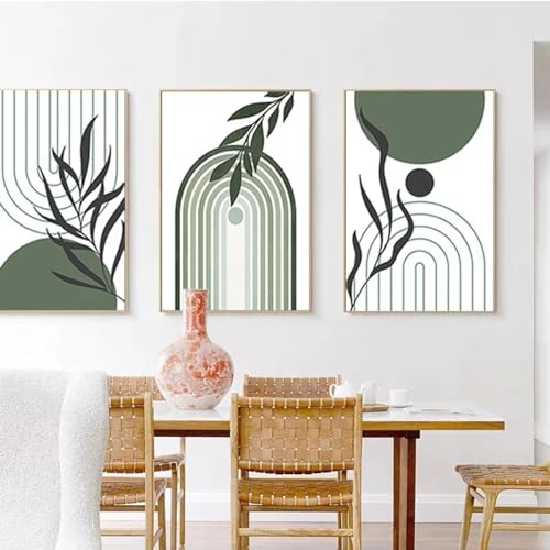 Toile peinture sauge verte triptyque géométrique grand format 60x90