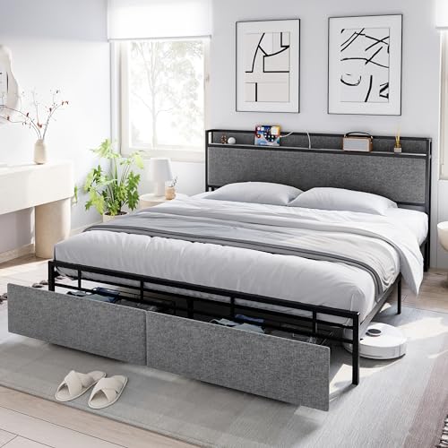 IDEALHOUSE Queen Size Bed Frame with Storage Headboard and Charging Station, Lined Upholstery Platform Bed with 2 Drawers, No Box Spring Need, Noise Free, Grey