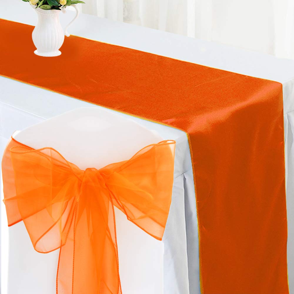 Time to Sparkle 100pcs Organza Chair Sashes Bows + 10pcs Satin Table Runner Wedding Party Decoration, Sash+Runner Orange
