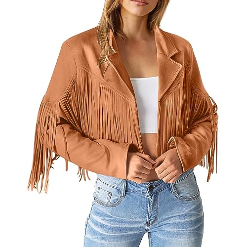 Veste en daim avec franges et pompons amples veste courte orange de mi-saison