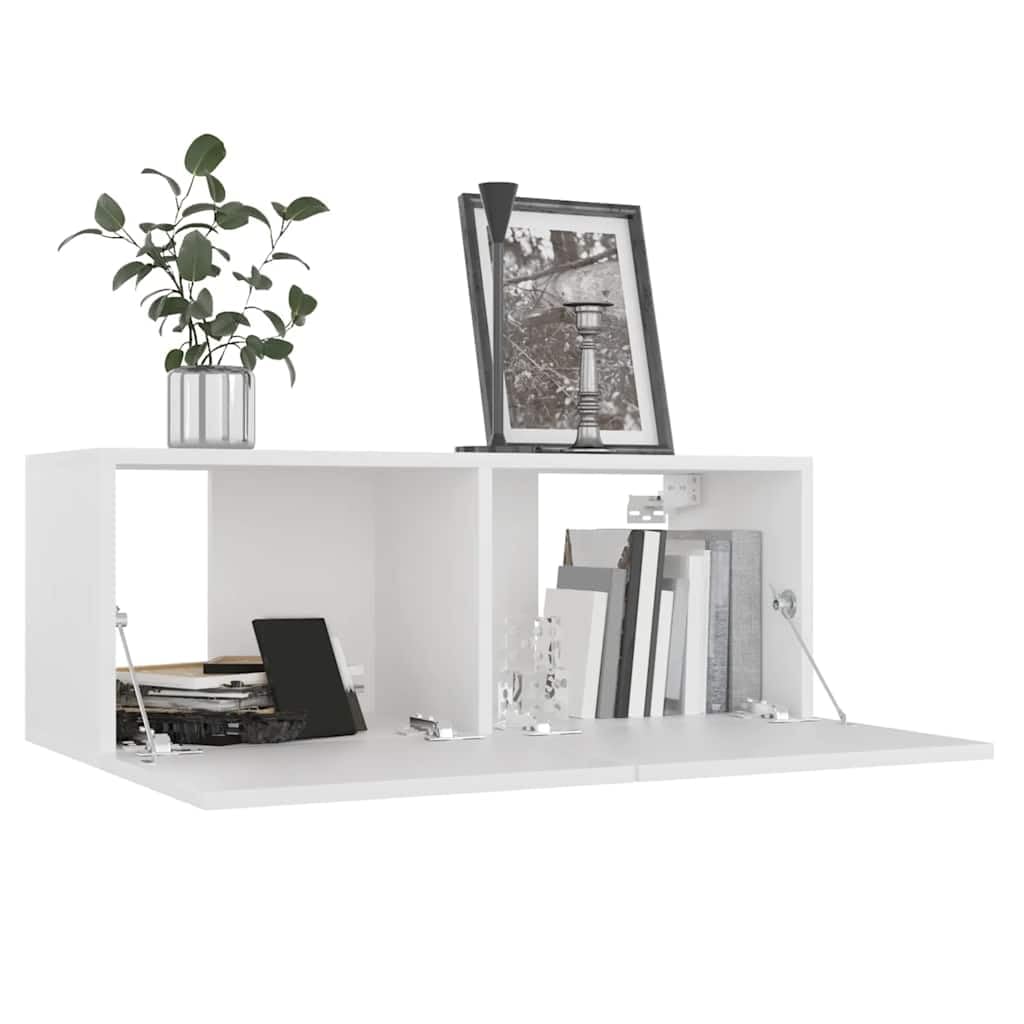 7-TLG. TV-Schrank-Set, Weiß Holzwerkstoff, Wandmontage, Modernes Media-Center für Wohnzimmer und Schlafzimmer, Viel Stauraum für DVDs und Bücher