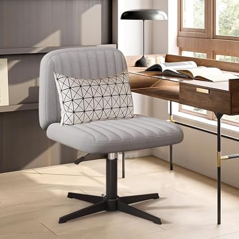 Armless Criss Cross Chair Comfy Office Chair with Lumbar Support Pillow Asjustable Height Home Office Desk Chair No Wheels Computer Chair Vanity Chair for Makeup Room, Living Room Chairs, Grey Cover