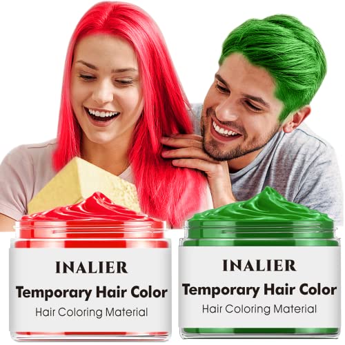 2 Pack Temporary Hair Color Wax,Instant Hair Color Cream Washable Natural DIY Hairstyle Hair Wax Color Hair Color Wax Girl Boy Gifts for Birthday,Party,Cosplay DIY, Children's Day, Halloween, Christmas (Green Red)