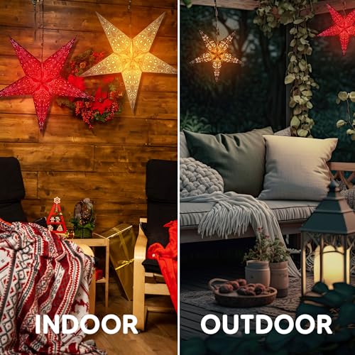 Image of GalaxyArts Paper Star Lantern, 24-Inch Maharani Red, 3D 5-Point Hanging Light Up Lamp for Christmas, Diwali, Weddings, Parties, Birthday, Handmade Foldable Indoor Outdoor Ceiling Decoration