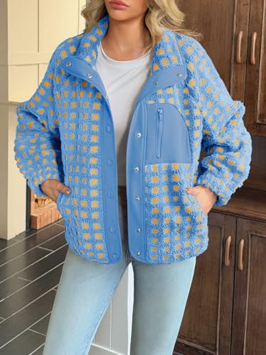 Tankaneo Women Fleece Sherpa Jacket Fuzzy Checkered Button Down Winter Coat - image 2