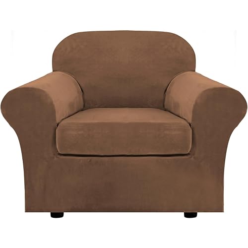 H.VERSAILTEX Rich Velvet Stretch 2 Piece Cover Chair Slipcover Sofa Cover Furniture Protector Couch Soft with Elastic Bottom Chair Couch Cover with Arms Width Up to 49 Inch(Chair, Caramel)