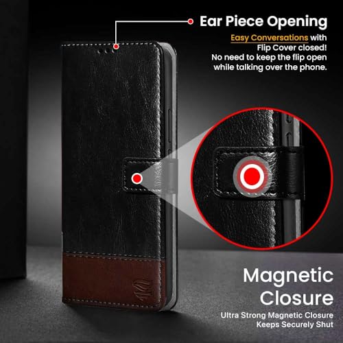 Image of Flipped Vegan Leather Flip Case Back Cover for Realme 12 Pro 5G | Realme 12 Pro Plus 5G (Flexible, Shock Proof | Hand Stitched Leather Finish | Card Pockets Wallet & Stand | Black with Brown)