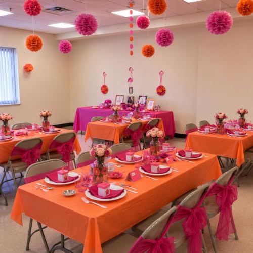 Image of Blue Orchards Orange Plastic Table Cover (Pack of 3 with 20 Glue dots) - 54 inch x 108 inch - Waterproof & Disposable Tablecloth for Halloween, Autumn Decoration, Thanksgiving, Birthday Party Supplies