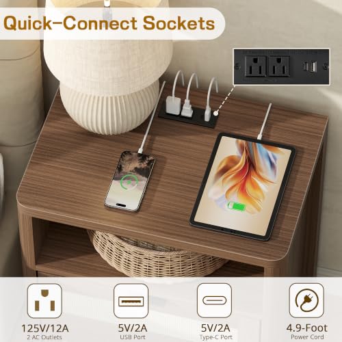 Image of Boho Nightstand Set of 2 with Charging Station, Bedside Table with Drawer & Open Storage Shelf, Mid-Century Modern End Table Rattan, Accent Side Table with Rounded Corners for Bedroom Living Room